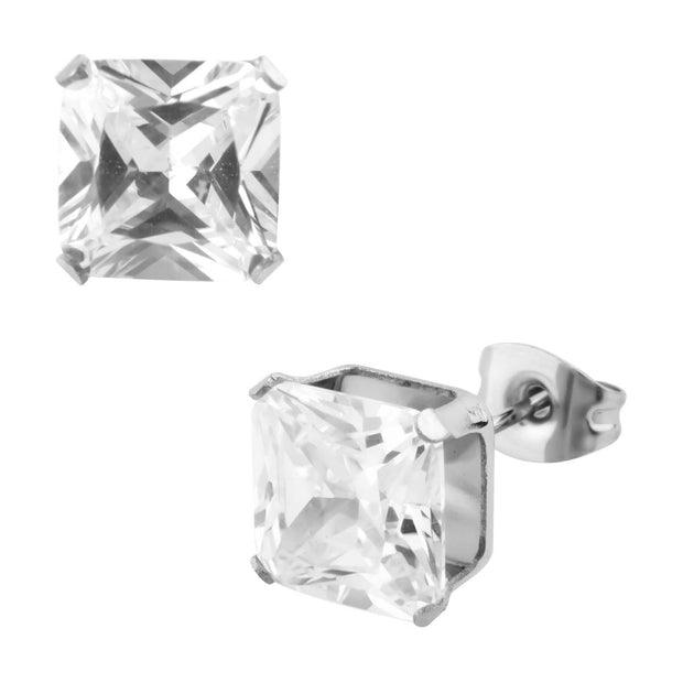 Clear Square CZ Prong Set Stud Earrings