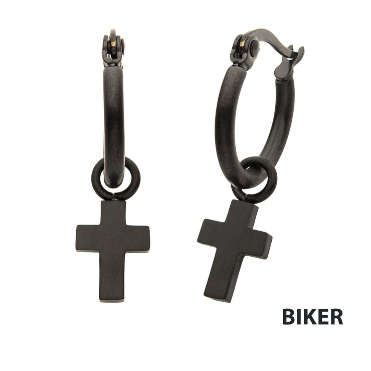 Matte Black IP Hoop with Cross Dangle Earrings
