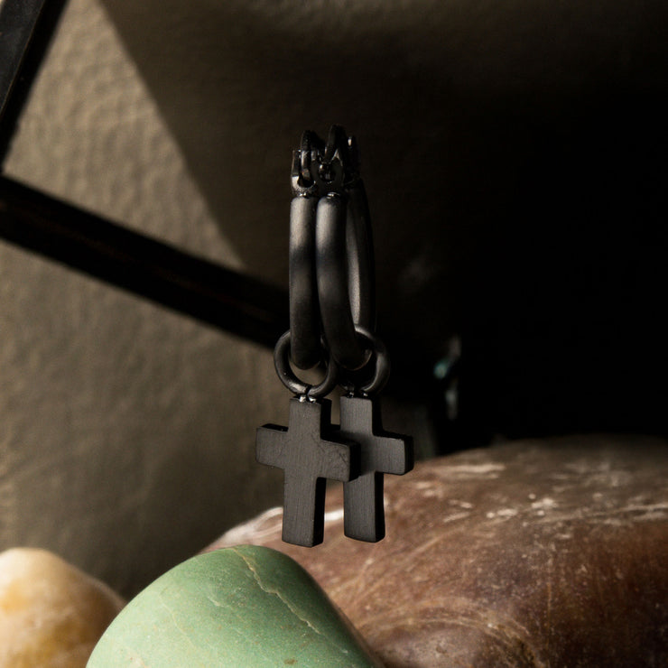 Matte Black IP Hoop with Cross Dangle Earrings