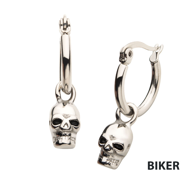Stainless Steel Hoop with Skull Dangle Earrings