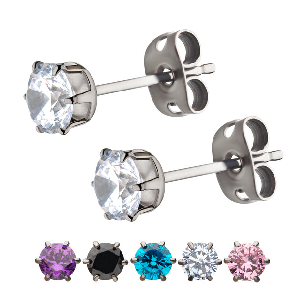 20g Titanium Post and Butterfly Back with 6-Prong Gem Stud Earrings