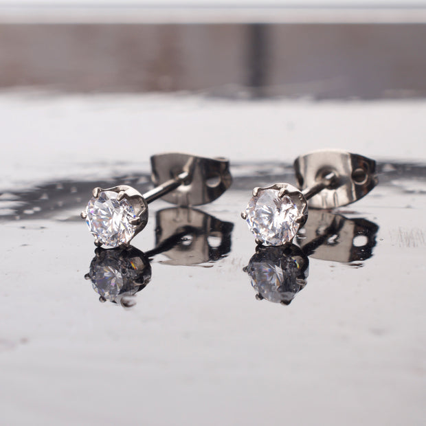20g Titanium Post and Butterfly Back with 6-Prong Gem Stud Earrings