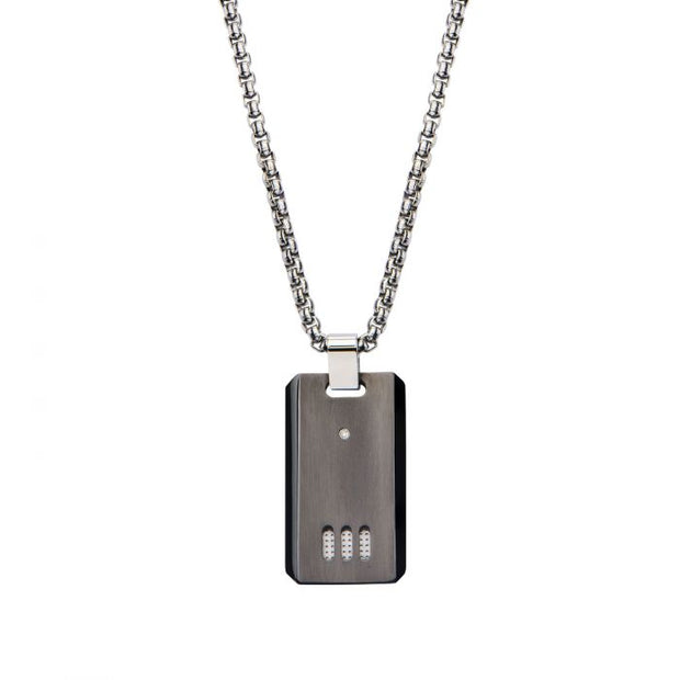 Black IP Gun Metal Finish with CZ Dog Tag Pendant with Chain