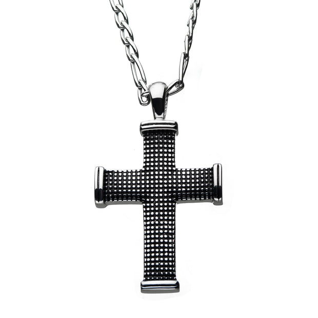 Black Oxidized Stainless Steel Grooved Square Cross Pendant with Figaro Chain