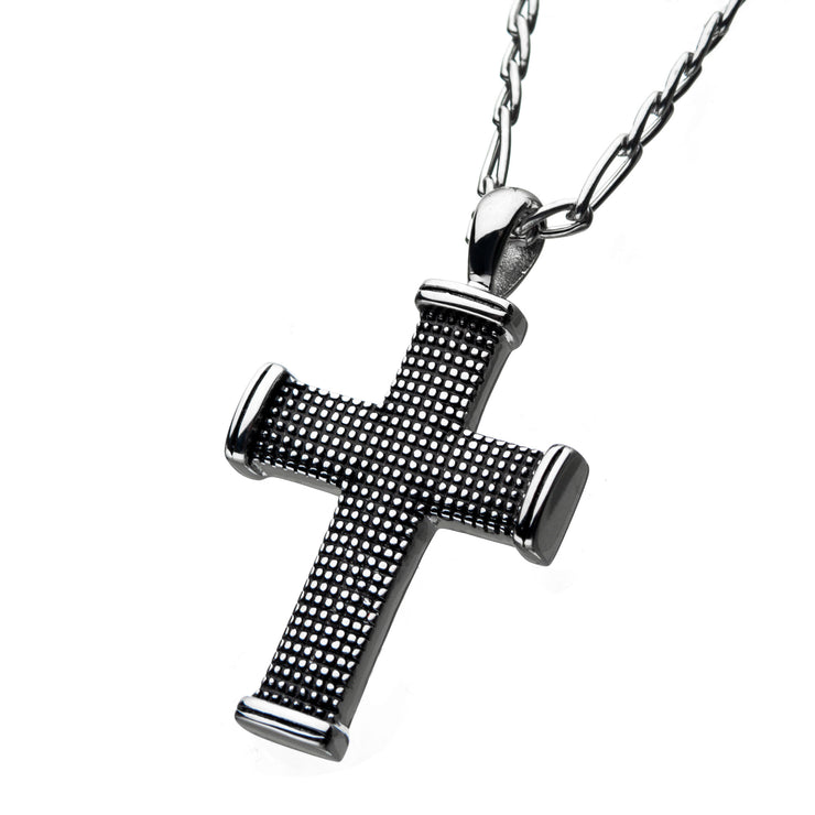 Black Oxidized Stainless Steel Grooved Square Cross Pendant with Figaro Chain