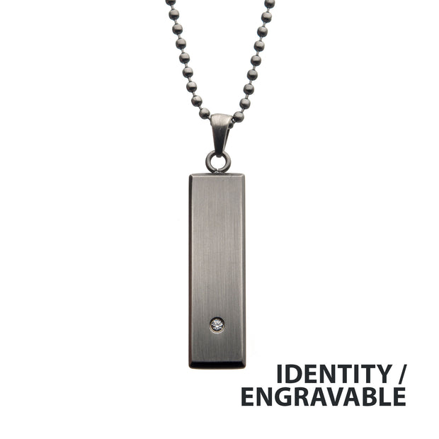 Stainless Steel with 2mm Clear CZ Tag Pendant with Ball Chain