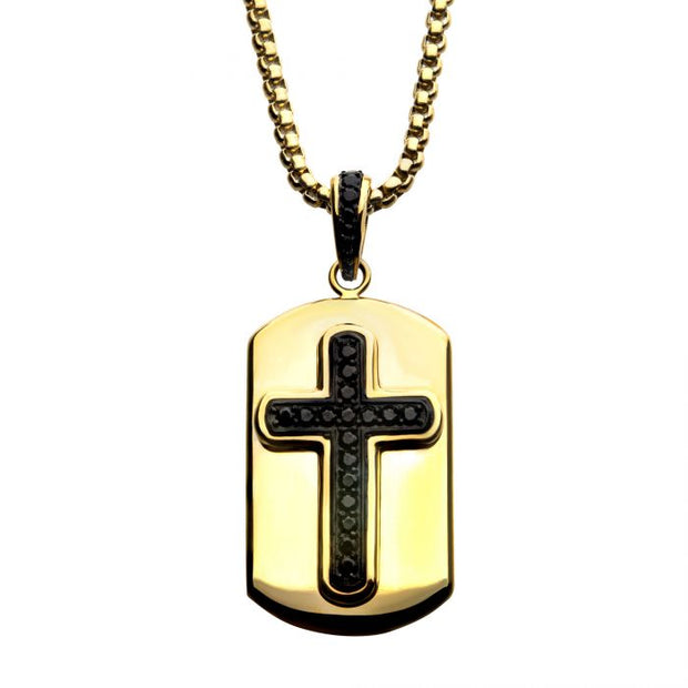 Black IP Cross with Black CZ Inlay & Gold IP Dog Tag Pendant