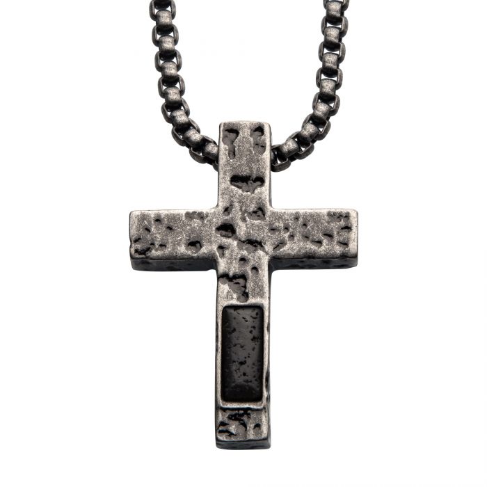 Stainless Steel Silver IP Cross Pendant with Lava Stone Pendant