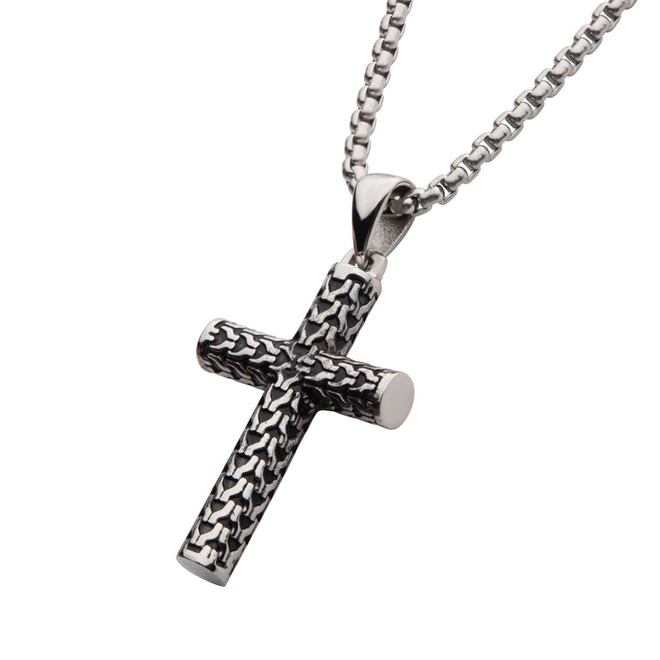Steel Scale Cross Drop Pendant with Bold Box Chain
