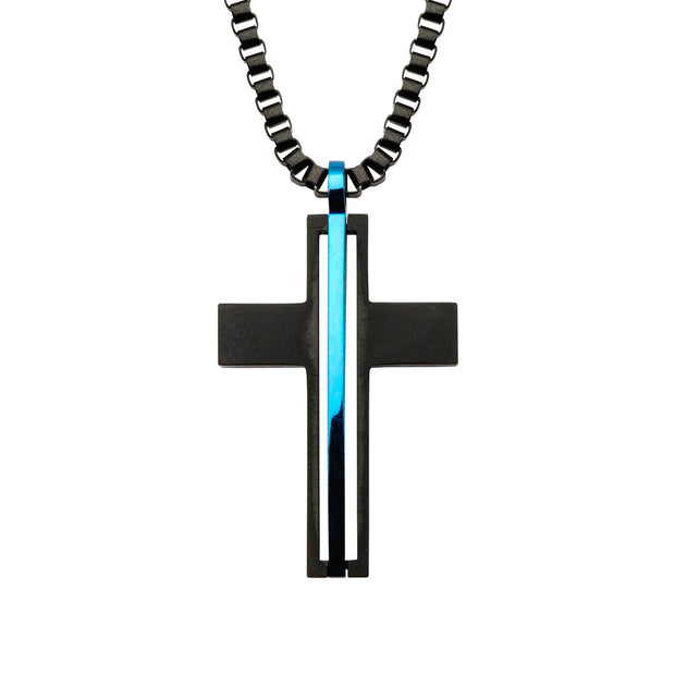 Matte Black IP with Thin Blue Line Pendant with Chain