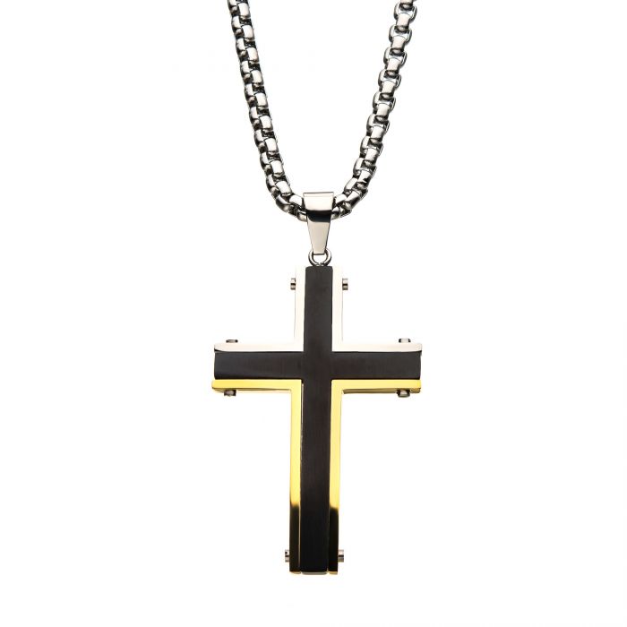 Stainless Steel Black and Gold IP Cross Pendants with Chain