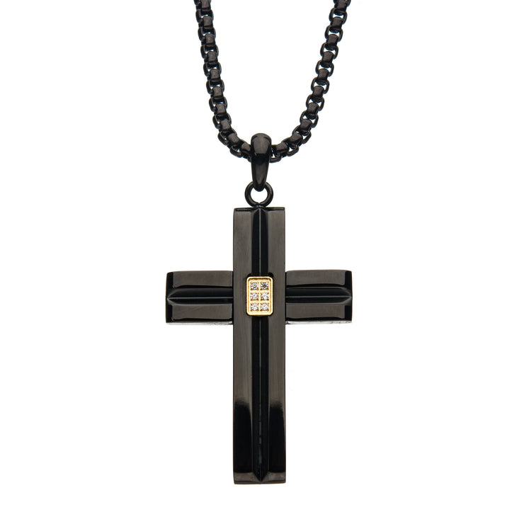 Black IP Steel Pendant with Golden Glint of Embedded Clear CZ Gems