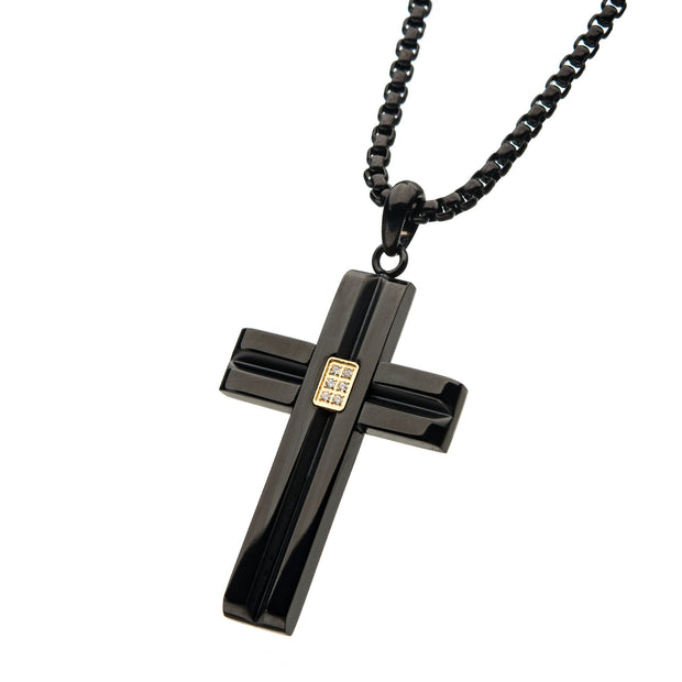 Black IP Steel Pendant with Golden Glint of Embedded Clear CZ Gems
