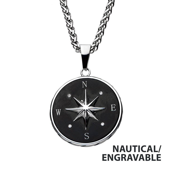 Stainless Steel & Black IP Engravable Compass Pendant with Chains for Grads