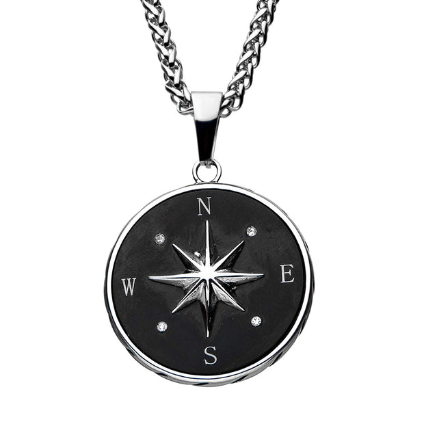 Stainless Steel & Black IP Engravable Compass Pendant with Chains for Grads