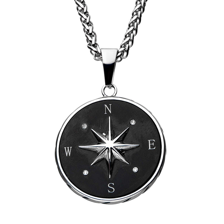 Stainless Steel & Black IP Engravable Compass Pendant with Chains for Grads