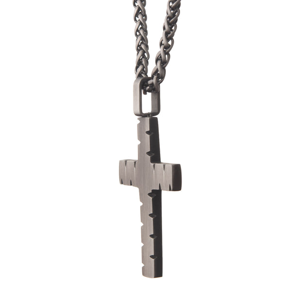 Stainless Steel & Gun Metal IP Chiseled Cross Pendant with Gun Metal IP Chain