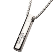 Stainless Steel Memorial Cross Pendant with Clear CZ & Steel Box Chain