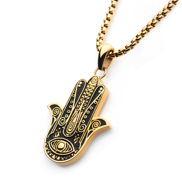 Gold IP with Hamsa Pendant, with Gold IP Bold Box Chain