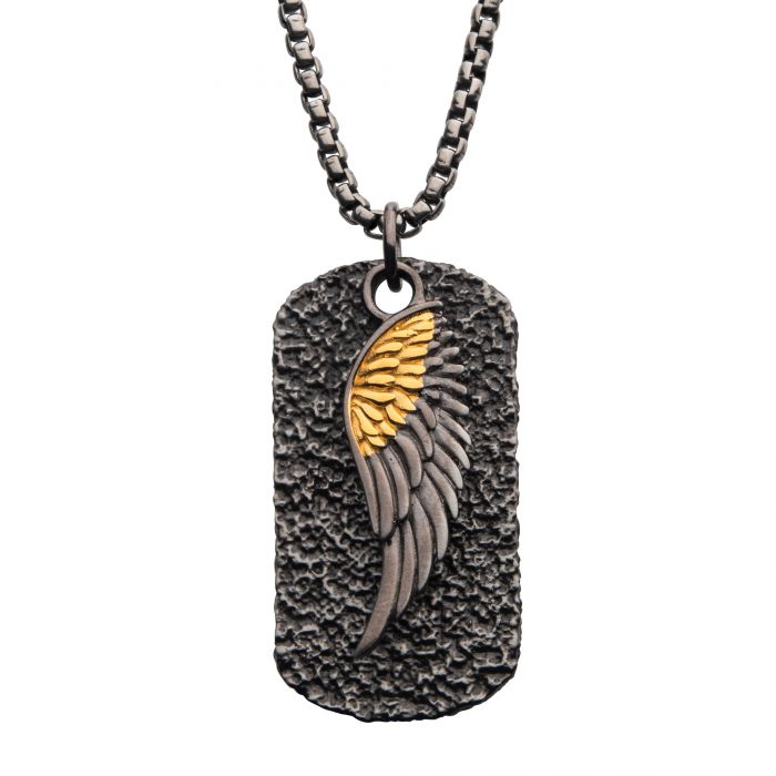 Layered Gold IP Wing & Gun Metal IP Dog Tag Pendants with Round Box Chain