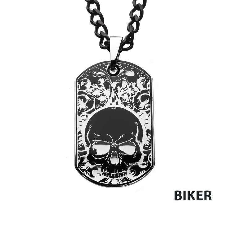 Stainless Steel Black IP with Skull Design Dog Tag Pendant with Chain