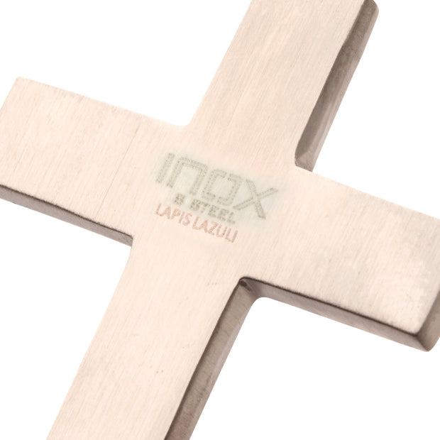 Matte Finish Stainless Steel Lapis Lazuli Stone Inlay Cross Pendant with 1.5mm Clear CZ Gem