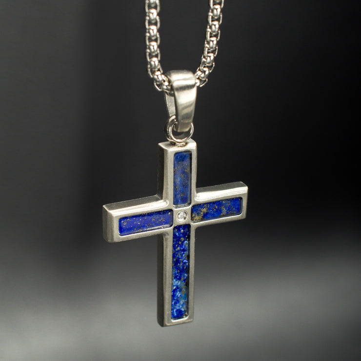 Matte Finish Stainless Steel Lapis Lazuli Stone Inlay Cross Pendant with 1.5mm Clear CZ Gem