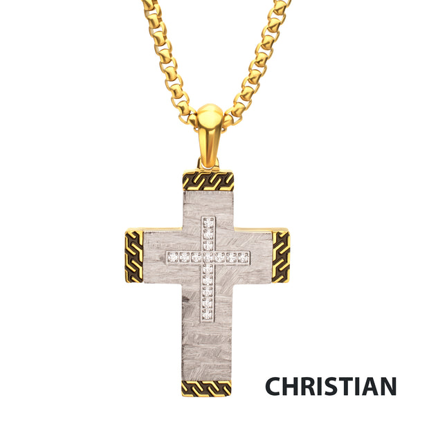 Stainless Steel Clear CZ Gem Gold Black Edge Textured Cross Pendant