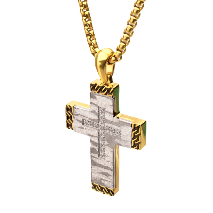 Stainless Steel Clear CZ Gem Gold Black Edge Textured Cross Pendant