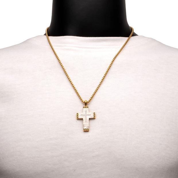 Stainless Steel Clear CZ Gem Gold Black Edge Textured Cross Pendant