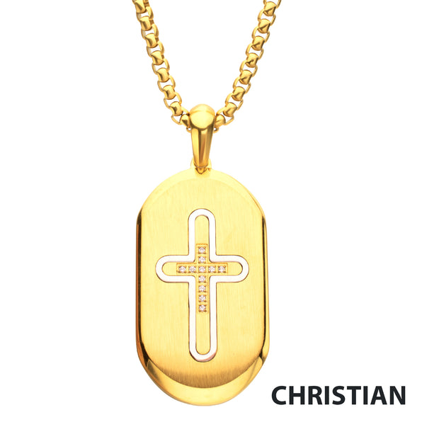 18Kt Gold IP Stainless Steel Clear CZ Inlay Cross Dogtag Pendant