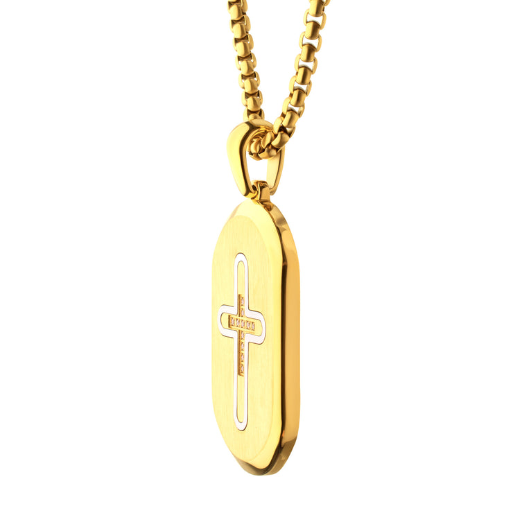 18Kt Gold IP Stainless Steel Clear CZ Inlay Cross Dogtag Pendant