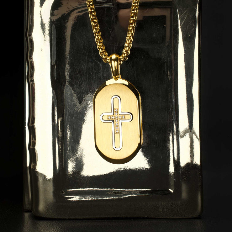 18Kt Gold IP Stainless Steel Clear CZ Inlay Cross Dogtag Pendant