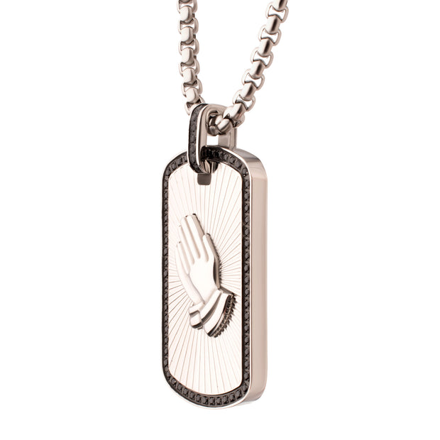 Stainless Steel Praying Hands Black CZ Edge Dogtag Pendant with Black CZ Bail