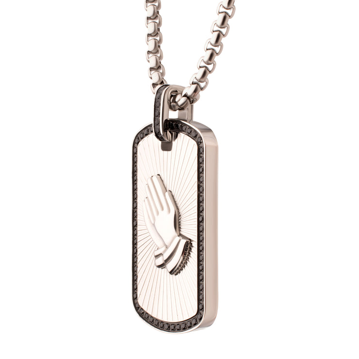 Stainless Steel Praying Hands Black CZ Edge Dogtag Pendant with Black CZ Bail