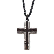 Black IP Damascus Steel Cross Pendant with Ebony Wood Inlay