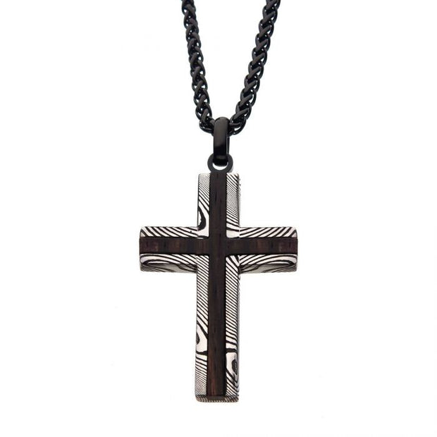 Black IP Damascus Steel Cross Pendant with Ebony Wood Inlay