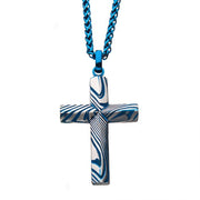 Blue IP Damascus Steel Cross Pendant