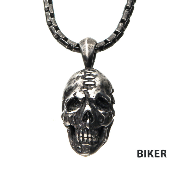 Stainless Steel Antique Silver Skull Head Pendant with Chain