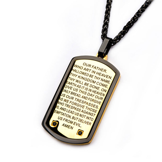 Two Tone with Lords Prayer & CNC Black CZ Gem Dog Tag Pendant with Chain