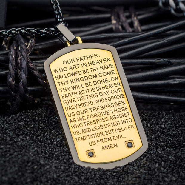 Two Tone with Lords Prayer & CNC Black CZ Gem Dog Tag Pendant with Chain