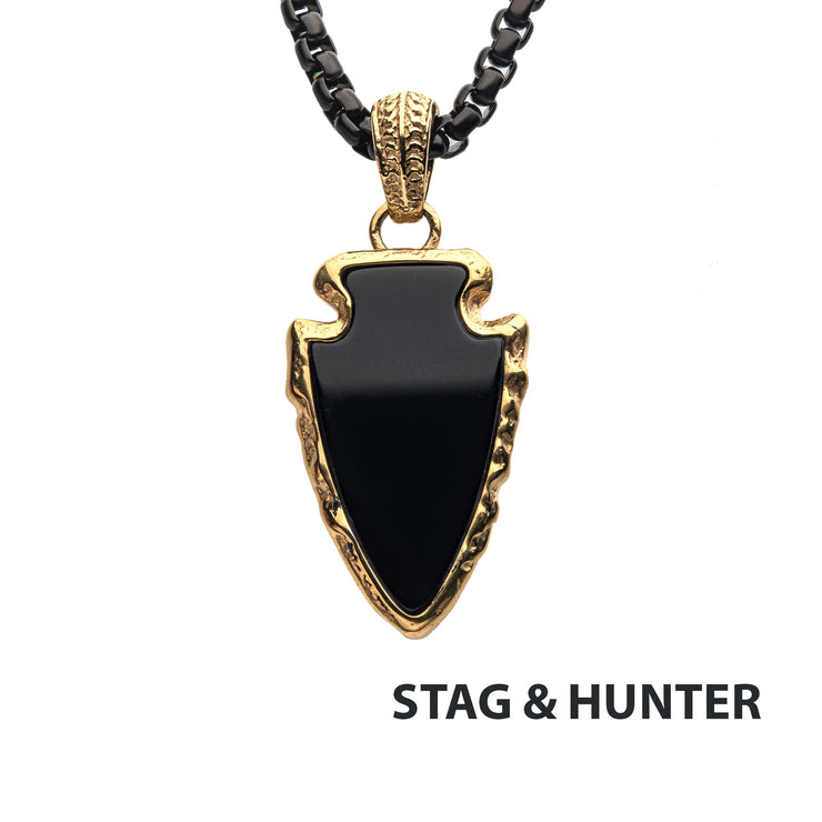 Black Agate Stone with Gold IP Frame Pendant on a Polished Gold IP Bail with Polished Black IP Box Chain