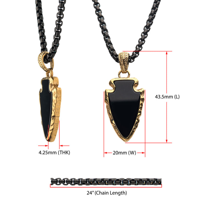 Black Agate Stone with Gold IP Frame Pendant on a Polished Gold IP Bail with Polished Black IP Box Chain