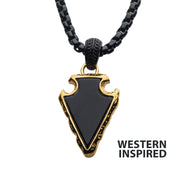 Black Agate Stone with Polished Gold IP Frame Pendant on a Polished Black IP Bail with Polished Black IP Box Chain