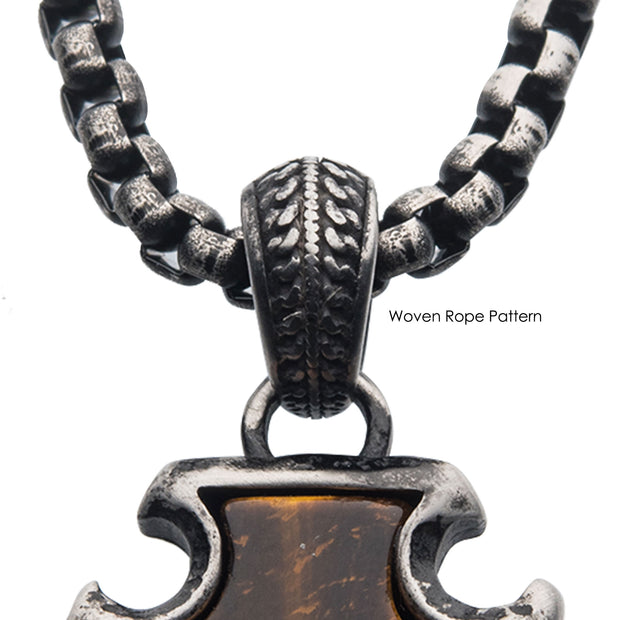 Tiger Eye Stone with Gun Metal IP Frame Pendant on a Black IP Bail with Black IP Box Chain