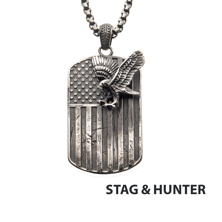Gun Metal IP Rugged American Flag with Polished Steel 3D Eagle Pendant