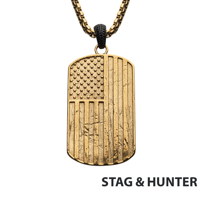 Polished Gold IP Rugged American Flag Pendant on a Polished Black IP Bail