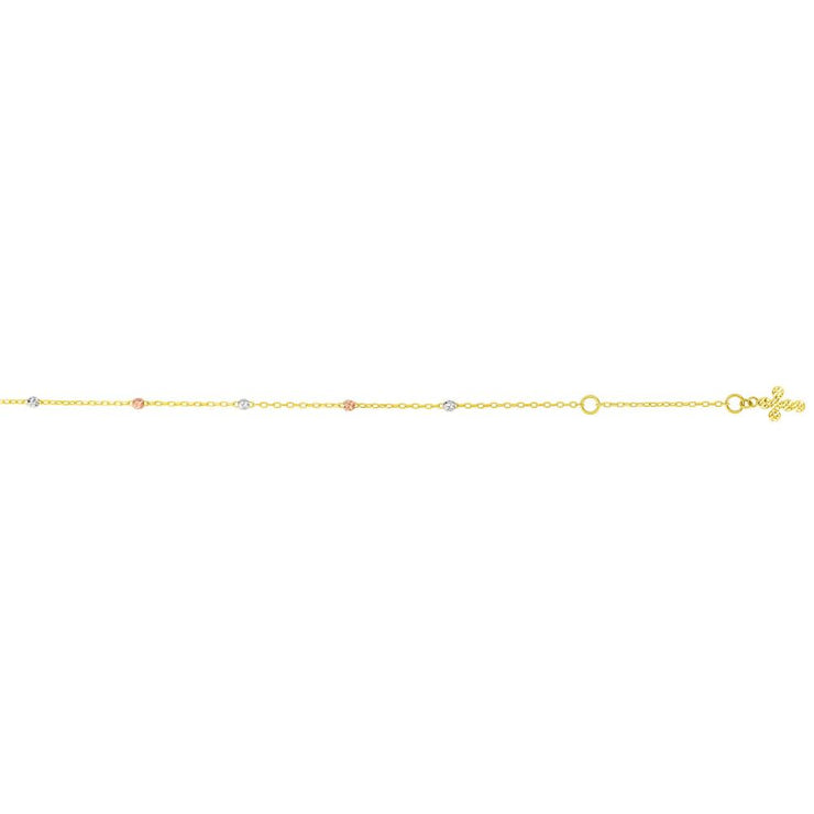 14K Tri-color Gold Diamond Cut Dangle Cross Anklet