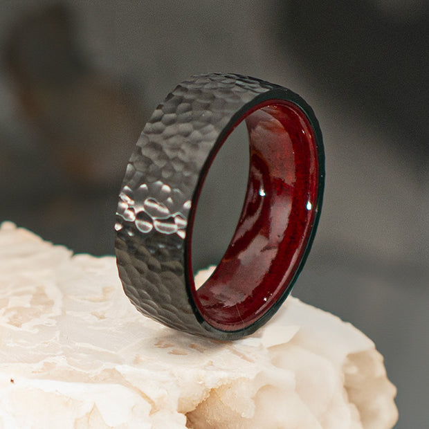 Black IP Titanium & Redwood Matte Finish Hammered Comfort Fit Ring