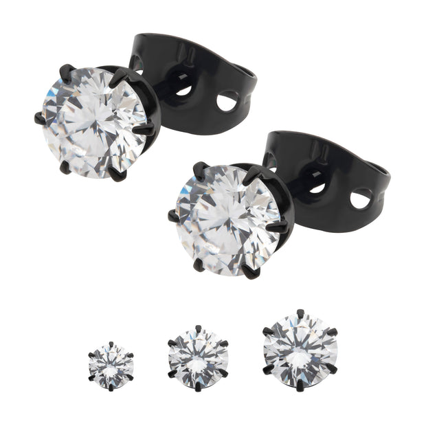 20g Black IP Titanium Post and Butterfly Back with 6-Prong Gem Stud Earrings